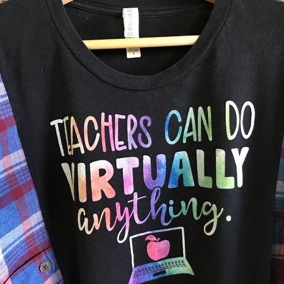 Reworked Flannel Tee, L-2XL: Upcycled Oversized Pullover Shirt, Teacher Graphic - Picture 7 of 11